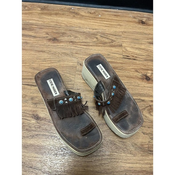 Vintage Steve Madden Platform Sandals Women's Size 8M Brown Fringe Y2K Shoes - Picture 3 of 8